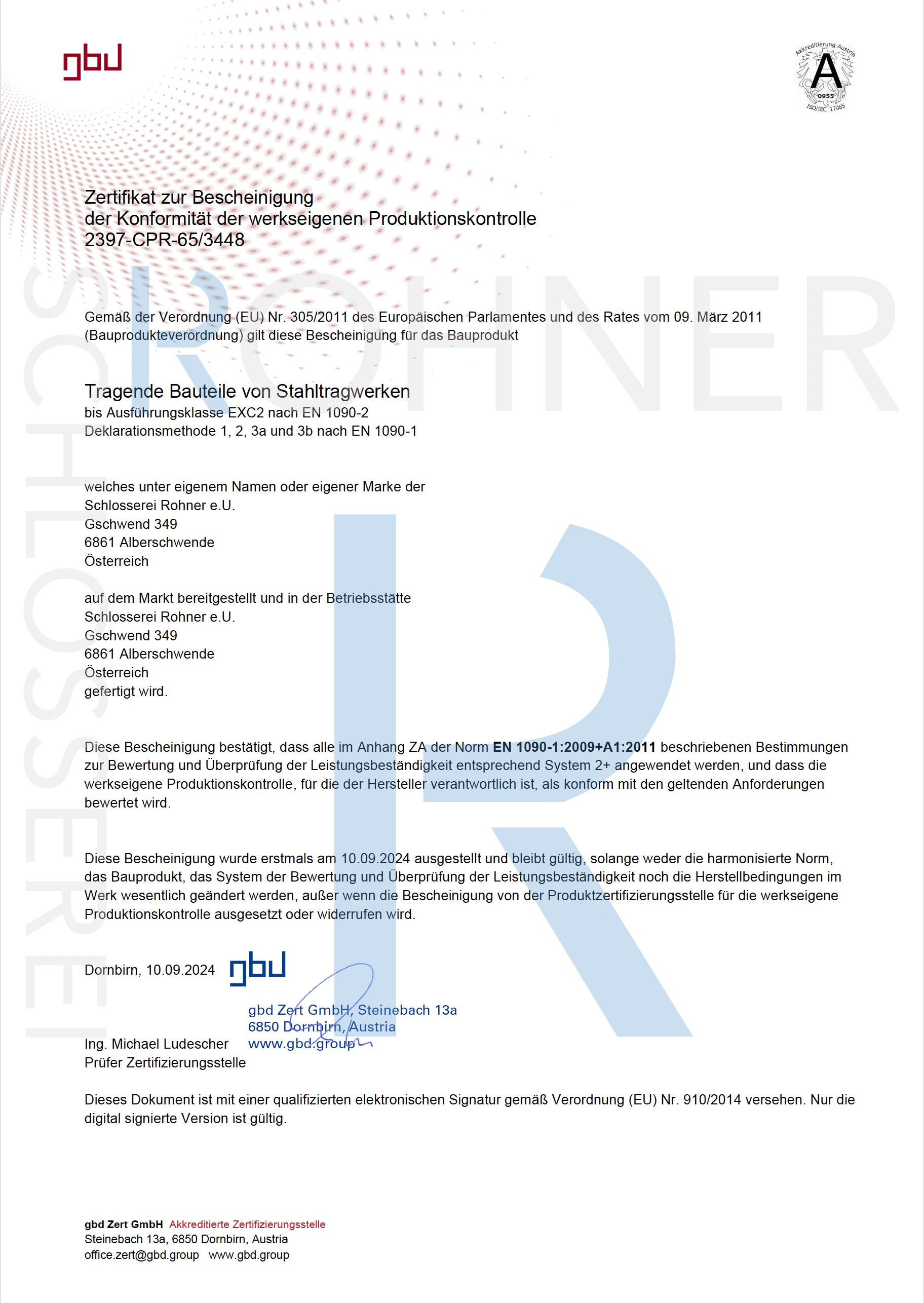 Zertifikat Cornelius Feuerstein